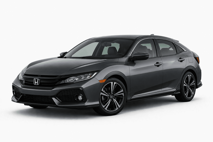 A dark gray Honda Civic hatchback sedan shown from a three-quarter front angle on a clean white studio background.