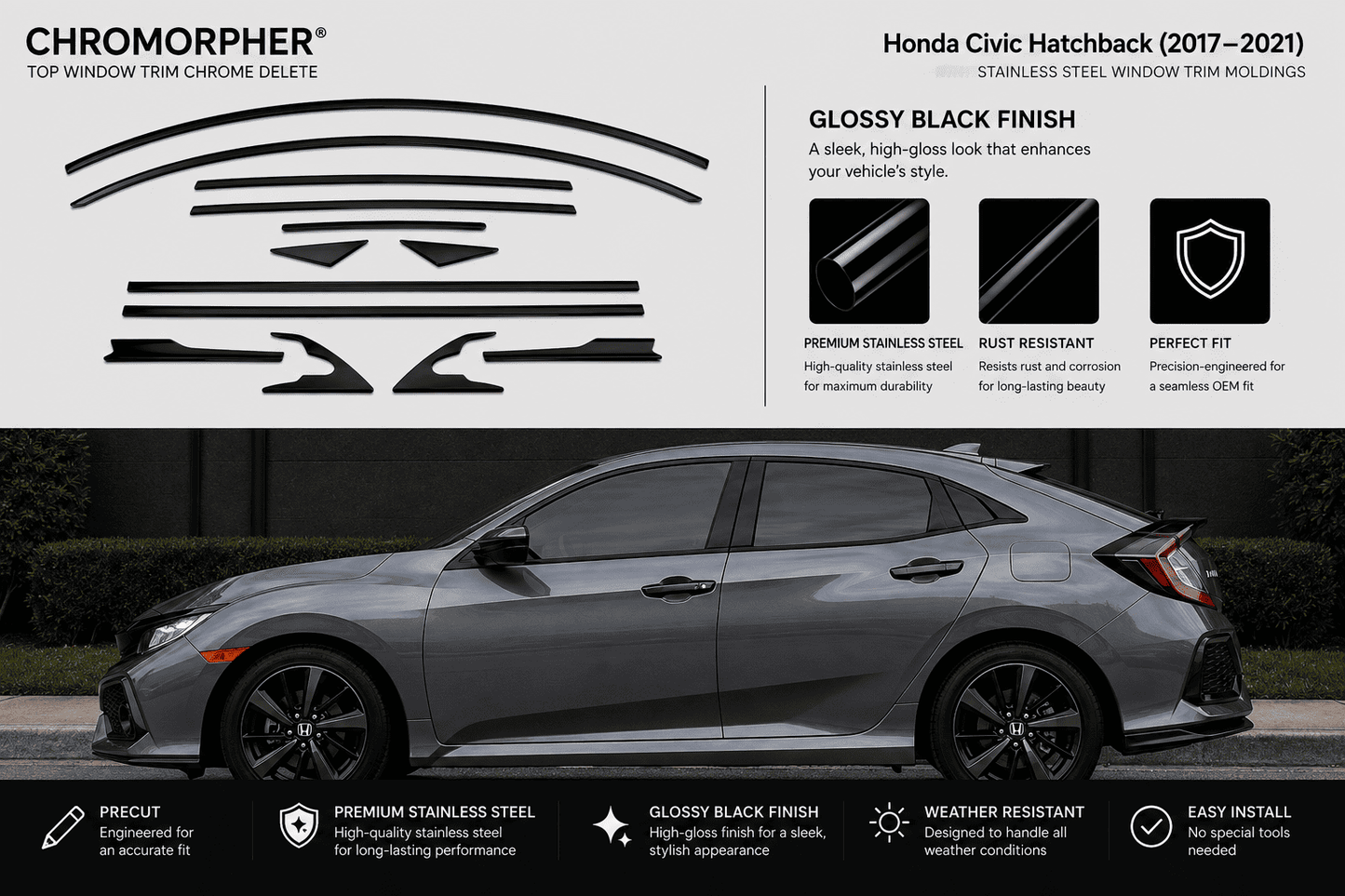 Chromorpher Honda Civic Hatchback window trim decals shown with a gray Honda Civic car on a dark street background. The graphic includes product cutout shapes, gloss black finish benefits, feature icons, and installation highlights.