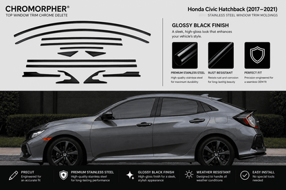 Chromorpher Honda Civic Hatchback window trim decals shown with a gray Honda Civic car on a dark street background. The graphic includes product cutout shapes, gloss black finish benefits, feature icons, and installation highlights.