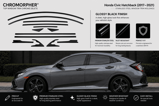 Chromorpher Honda Civic Hatchback window trim decals shown with a gray Honda Civic car on a dark street background. The graphic includes product cutout shapes, gloss black finish benefits, feature icons, and installation highlights.