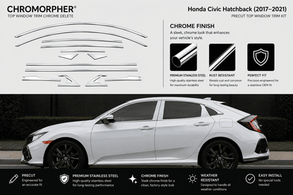 Chrome window trim decal kit for a Honda Civic Hatchback (2017-2021) shown with the product pieces on a white background and a silver car illustration below, featuring chrome finish benefits and installation highlights.