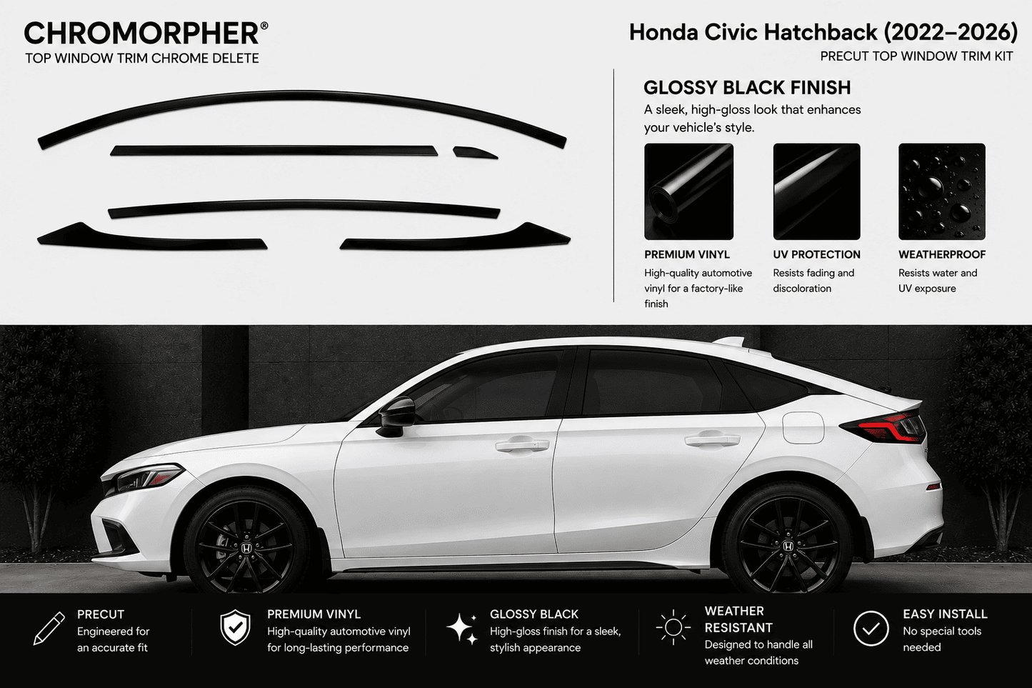 Chromorpher gloss black trim kit for a Honda Civic Hatchback (2022-2026), showing the black vinyl decal pieces at the top and a white car with installed black window and trim lines at the bottom.