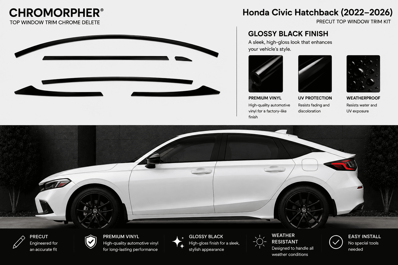 Chromorpher gloss black trim kit for a Honda Civic Hatchback (2022-2026), showing the black vinyl decal pieces at the top and a white car with installed black window and trim lines at the bottom.