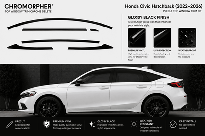 Chromorpher gloss black trim kit for a Honda Civic Hatchback (2022-2026), showing the black vinyl decal pieces at the top and a white car with installed black window and trim lines at the bottom.
