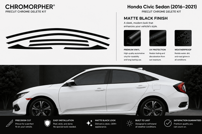 Chromorpher Precut Chrome Delete Kit for Honda Civic Sedan (2016-2021) in a matte black finish, shown with a white car side profile and feature callouts.