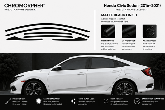 Chromorpher Precut Chrome Delete Kit for Honda Civic Sedan (2016-2021) in a matte black finish, shown with a white car side profile and feature callouts.