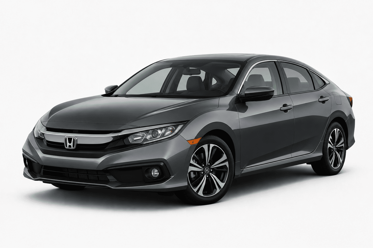 A dark gray Honda Civic sedan shown from a three-quarter front angle on a clean white studio background.