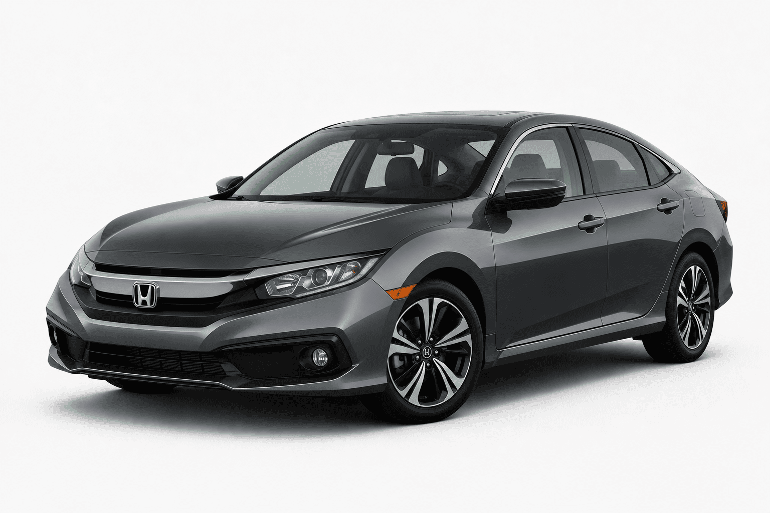 A dark gray Honda Civic sedan shown from a three-quarter front angle on a clean white studio background.