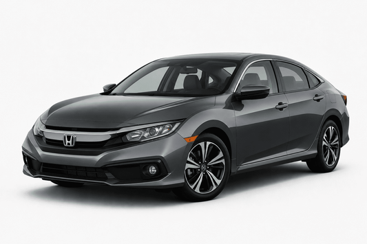A dark gray Honda Civic sedan shown from a three-quarter front angle on a clean white studio background.