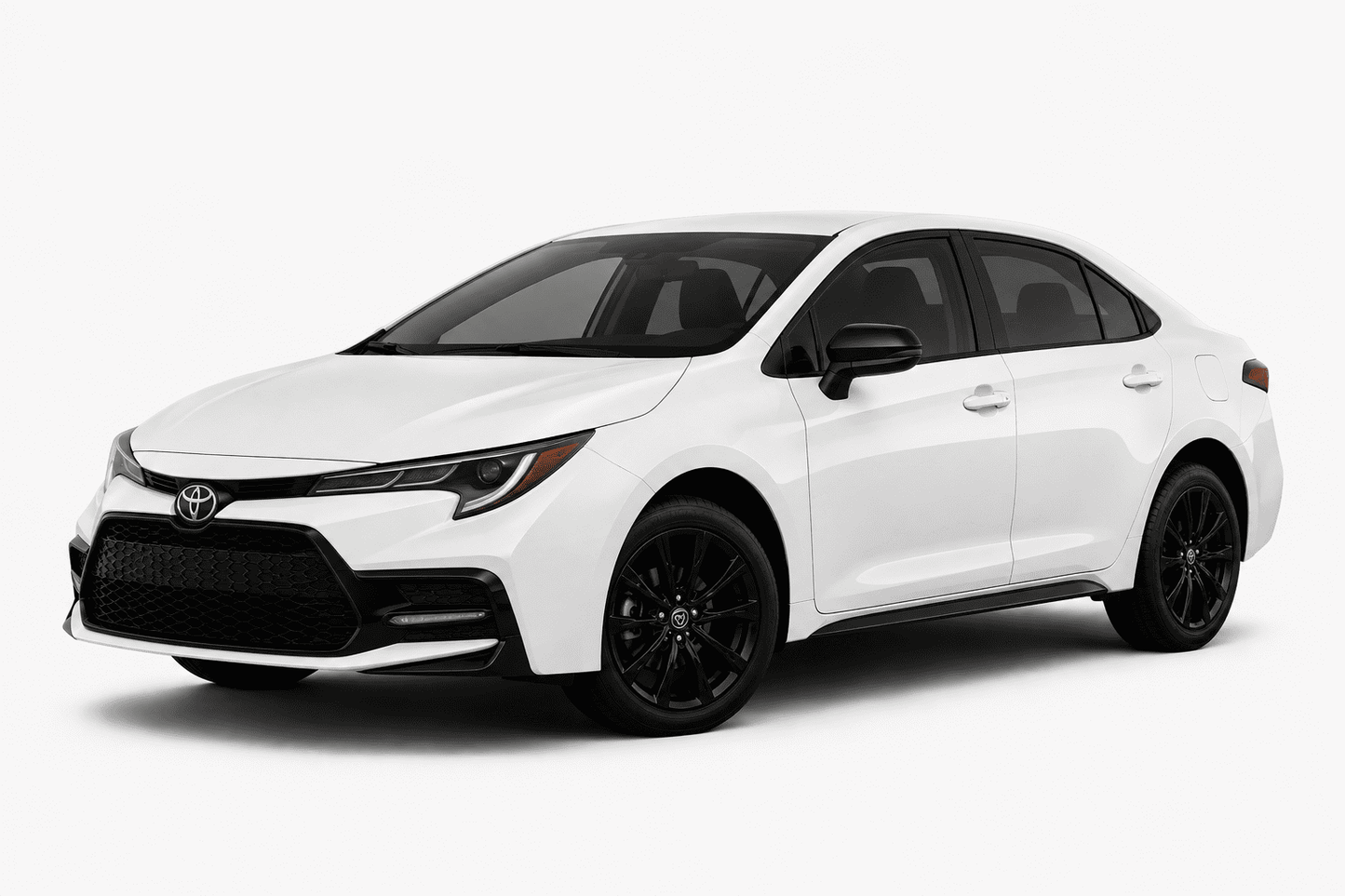 A white Toyota Corolla sedan with black wheels and black-tinted windows, shown from a three-quarter front angle on a light gray studio background.