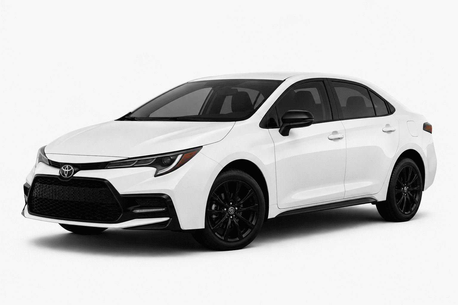 A white Toyota Corolla sedan with black wheels and black-tinted windows, shown from a three-quarter front angle on a light gray studio background.