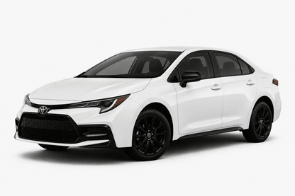 A white Toyota Corolla sedan with black wheels and black-tinted windows, shown from a three-quarter front angle on a light gray studio background.