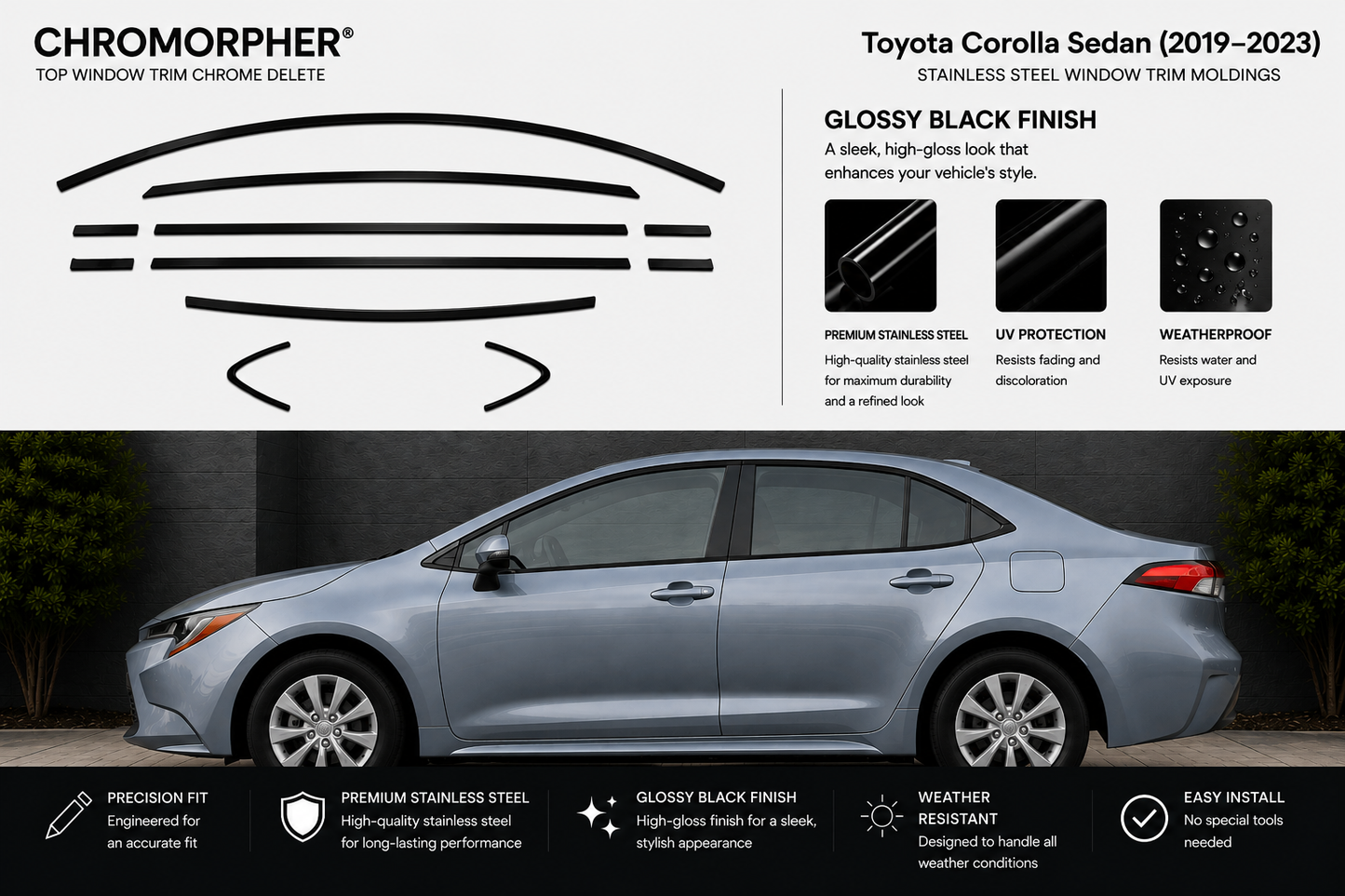 Chromorpher top window trim chrome delete kit for a Toyota Corolla Sedan (2019-2023) in glossy black finish. The image features a black line diagram of the trim piece at the top, three feature callouts with icons, and a silver car at the bottom with feature badges.