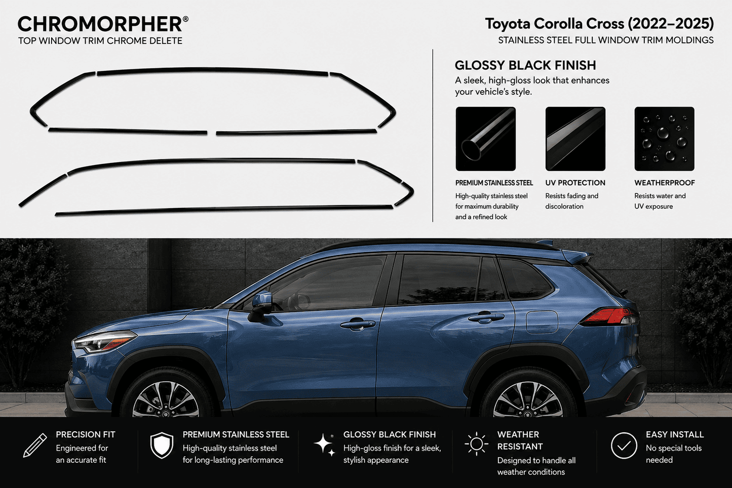 Chromorpher glossy black top window trim chrome delete kit for Toyota Corolla Cross (2022-2025), shown with front and side window trim pieces on a light background above a blue SUV photo demonstrating the installed finish.