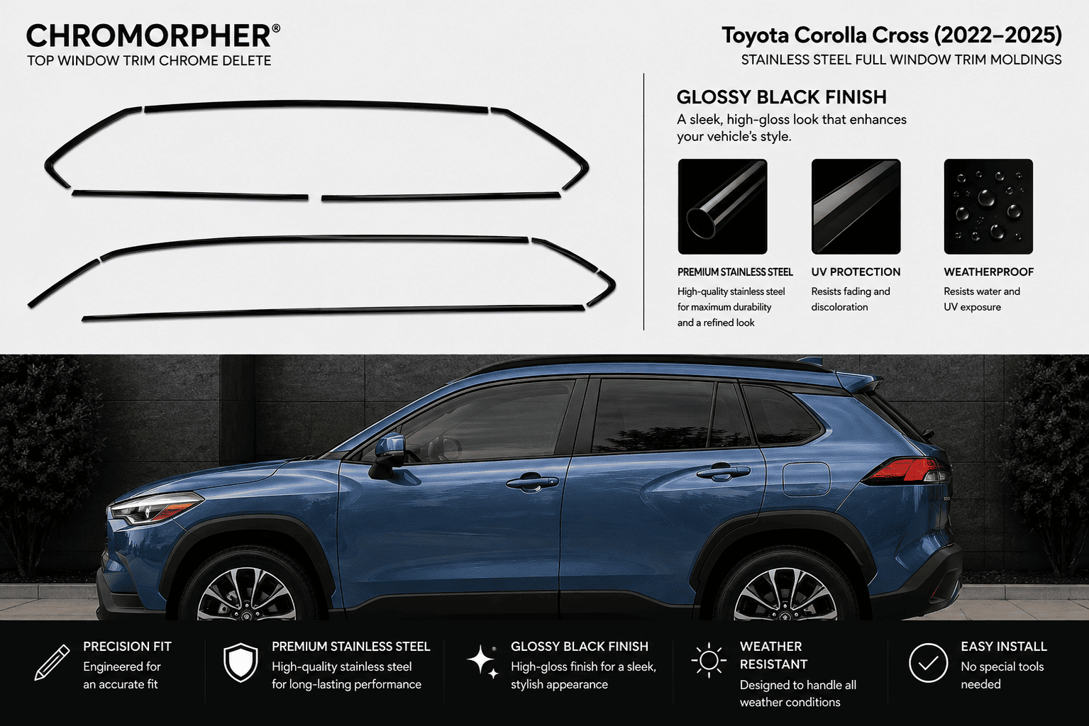 Chromorpher glossy black top window trim chrome delete kit for Toyota Corolla Cross (2022-2025), shown with front and side window trim pieces on a light background above a blue SUV photo demonstrating the installed finish.