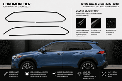 Chromorpher glossy black top window trim chrome delete kit for Toyota Corolla Cross (2022-2025), shown with front and side window trim pieces on a light background above a blue SUV photo demonstrating the installed finish.