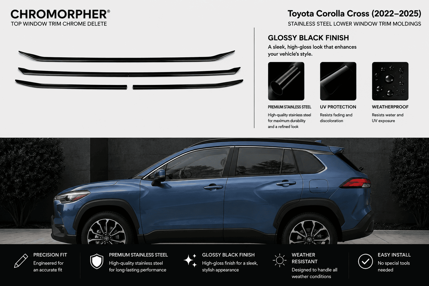 Chromorpher top window trim chrome delete kit for a Toyota Corolla Cross (2022-2025), featuring three black chrome trim pieces shown on a white background above a blue SUV on a dark background with feature callouts and installation benefits.