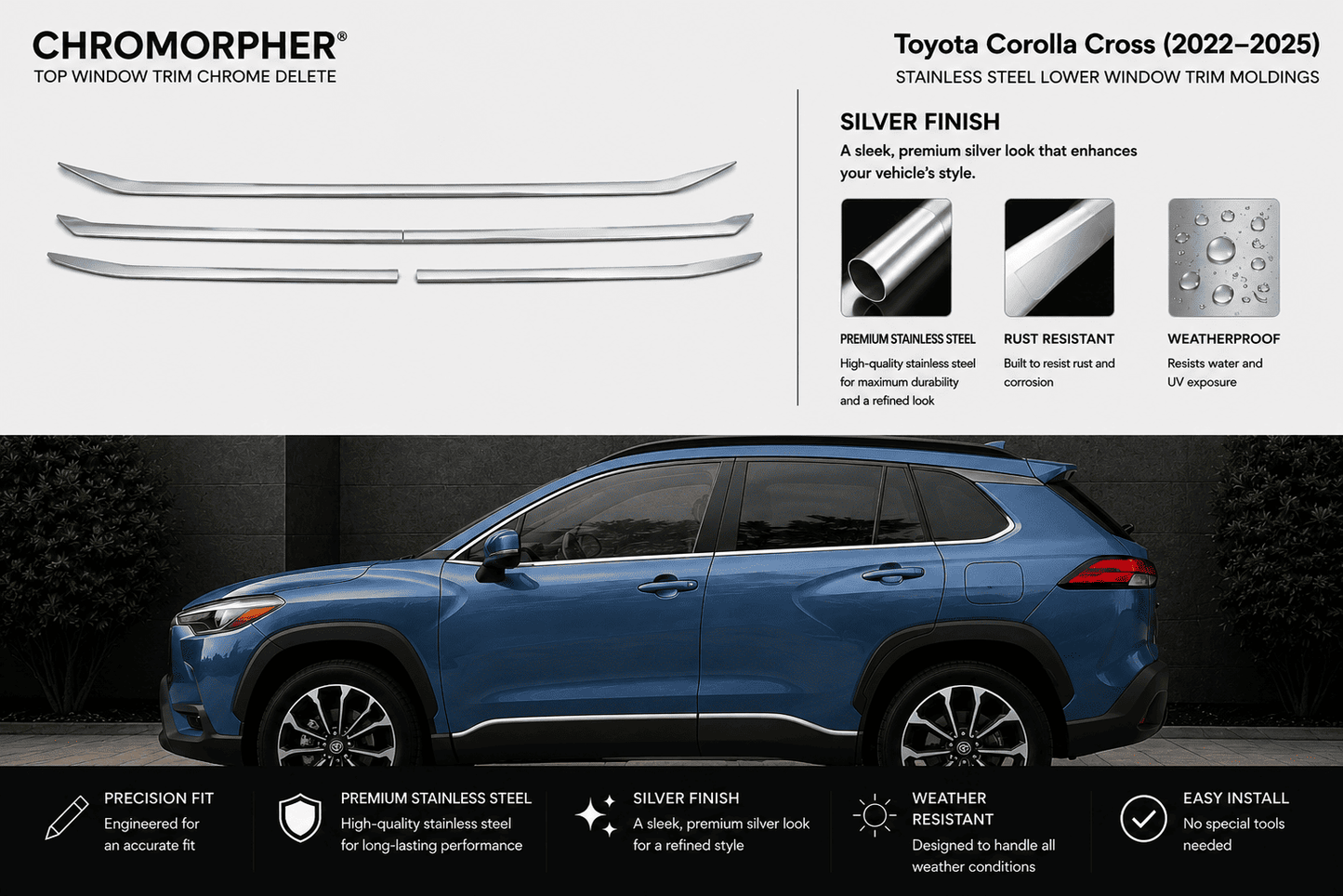 Promotional graphic for Chromorpher silver chrome window trim molding for a Toyota Corolla Cross (2022-2025). The top half shows the chrome trim pieces and text describing the silver finish benefits.
