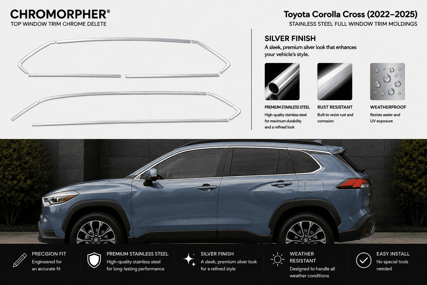 Chromorpher silver chrome trim delete kit for Toyota Corolla Cross (2022-2025). The top half shows the two chrome trim pieces on a white background with product features.