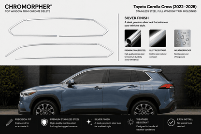 Chromorpher silver chrome trim delete kit for Toyota Corolla Cross (2022-2025). The top half shows the two chrome trim pieces on a white background with product features.
