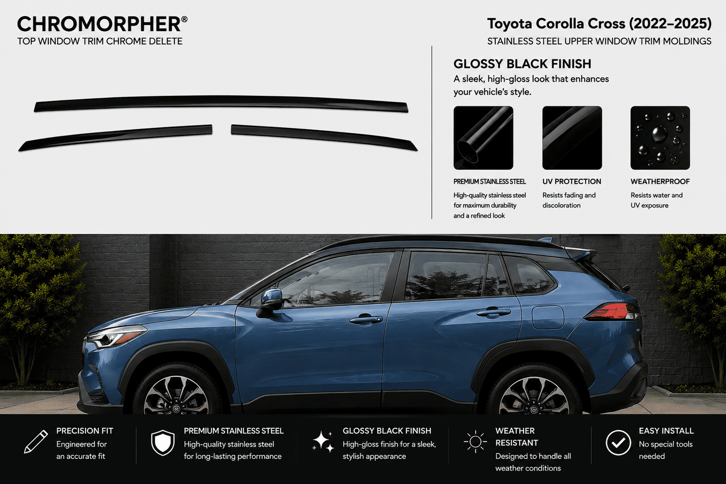 Chromorpher Toyota Corolla Cross gloss black upper window trim moldings shown as two long black strips on a light gray background, with a blue SUV pictured below demonstrating fitment. Text highlights glossy black finish, premium stainless steel, UV protection, and weatherproof quality.
