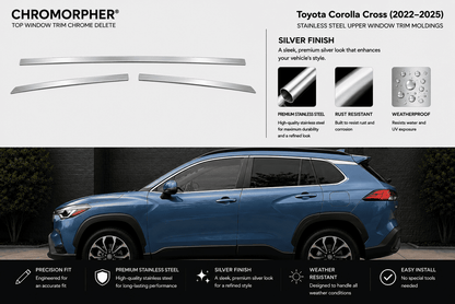 Chrome window trim delete kit for Toyota Corolla Cross (2022-2025) in silver finish, shown with two long chrome trim pieces on a light gray background and a blue SUV below demonstrating the fitment.