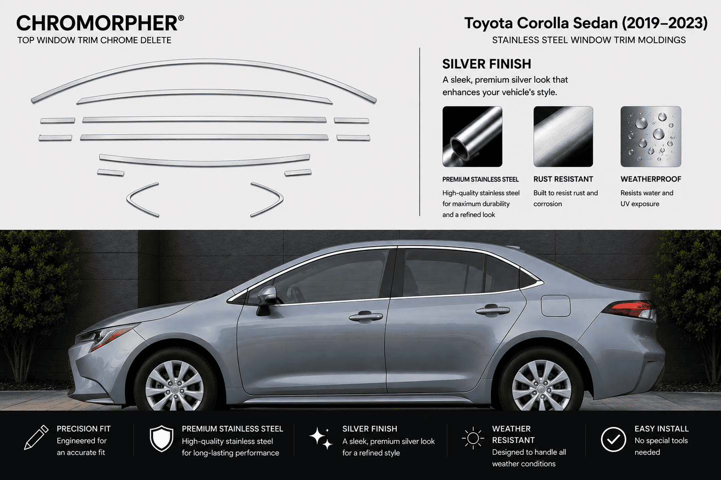 Chromorpher silver chrome trim delete kit for Toyota Corolla Sedan (2019-2023). The top half shows the cutout shapes of the chrome trim pieces on a white background with feature callouts.