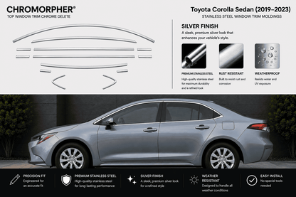 Chromorpher silver chrome trim delete kit for Toyota Corolla Sedan (2019-2023). The top half shows the cutout shapes of the chrome trim pieces on a white background with feature callouts.