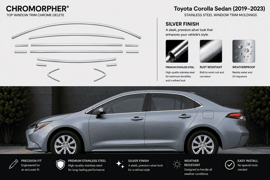 Chromorpher silver chrome trim delete kit for Toyota Corolla Sedan (2019-2023). The top half shows the cutout shapes of the chrome trim pieces on a white background with feature callouts.