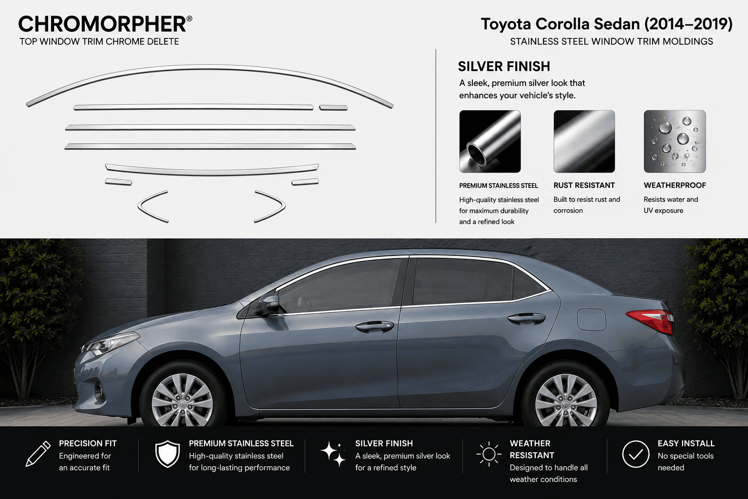 ChromeMorpher top window trim chrome delete decal kit for a Toyota Corolla Sedan (2014-2019) in Silver Finish. The image features a side profile of a silver car on a dark background, with the chrome delete lines illustrated at the top and feature icons/benefits at the bottom.