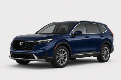 A dark blue Honda SUV shown from a three-quarter front angle on a light gray studio background.