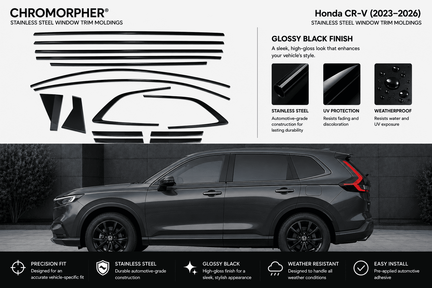 Chromorphor Honda CR-V stainless steel window trim molding kit shown with a black SUV on a dark background, featuring product cutout diagrams, gloss black finish samples, and feature icons.