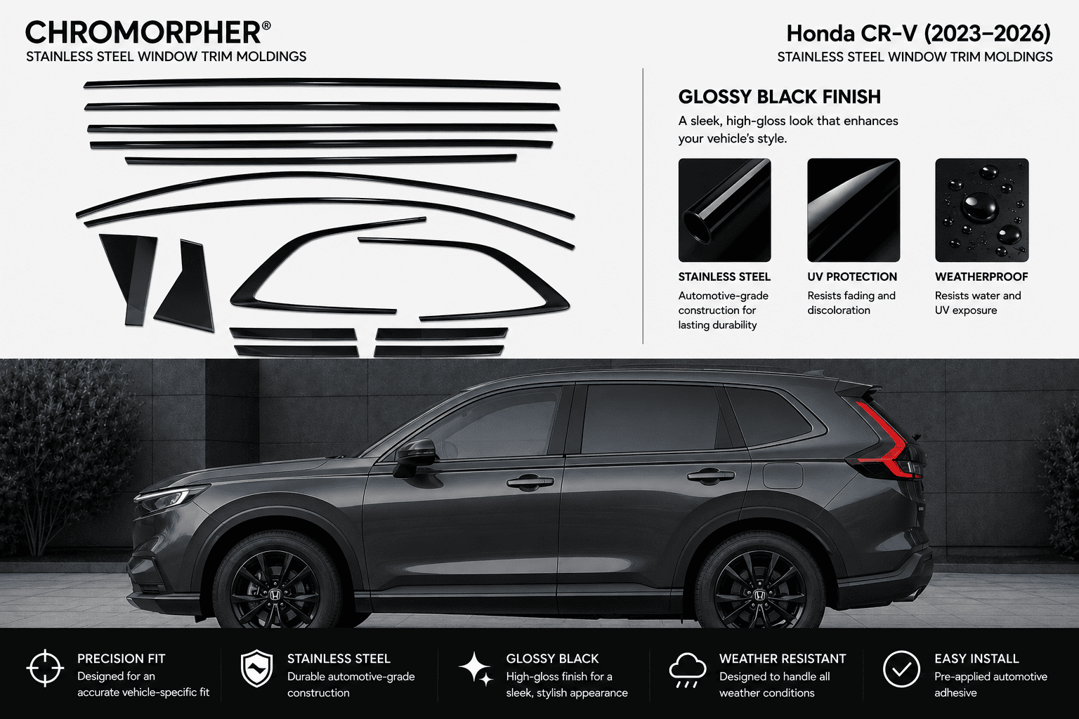 Chromorphor Honda CR-V stainless steel window trim molding kit shown with a black SUV on a dark background, featuring product cutout diagrams, gloss black finish samples, and feature icons.