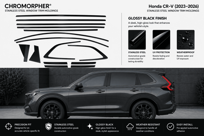 Chromorphor Honda CR-V stainless steel window trim molding kit shown with a black SUV on a dark background, featuring product cutout diagrams, gloss black finish samples, and feature icons.