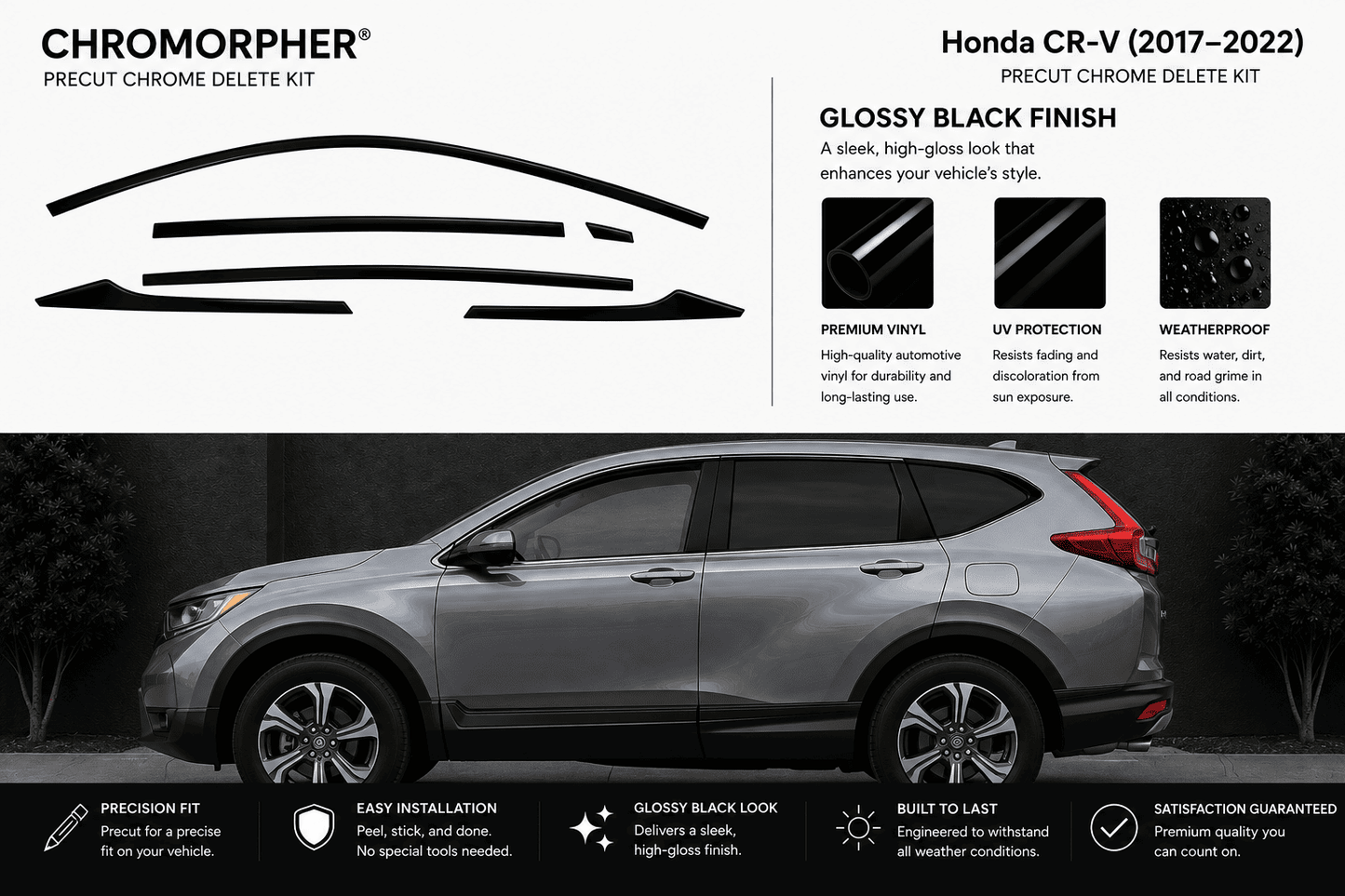 A promotional graphic for the Chromorpher Precut Chrome Delete Kit, showing a silver Honda CR-V with a black chrome delete kit applied to the wheel rims and lower trim. The top of the graphic includes product features and text, and the bottom includes installation and feature callouts.