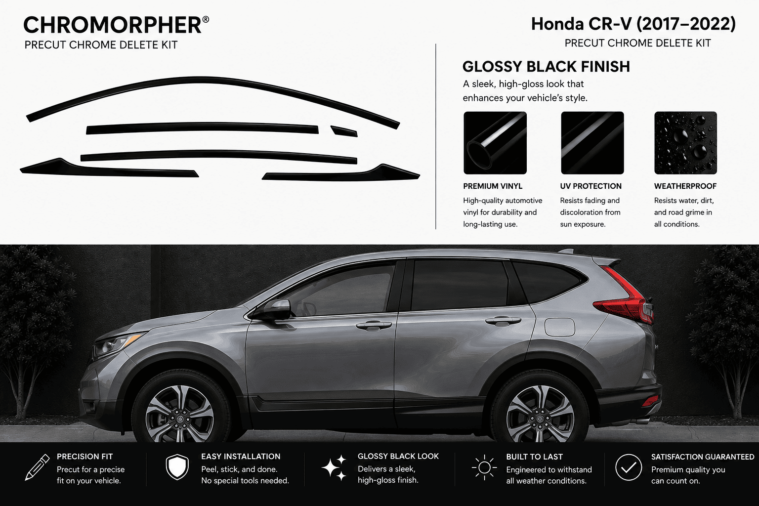 A promotional graphic for the Chromorpher Precut Chrome Delete Kit, showing a silver Honda CR-V with a black chrome delete kit applied to the wheel rims and lower trim. The top of the graphic includes product features and text, and the bottom includes installation and feature callouts.