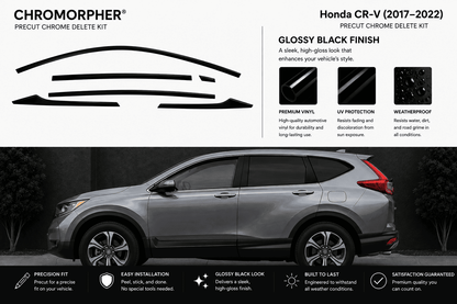 A promotional graphic for the Chromorpher Precut Chrome Delete Kit, showing a silver Honda CR-V with a black chrome delete kit applied to the wheel rims and lower trim. The top of the graphic includes product features and text, and the bottom includes installation and feature callouts.