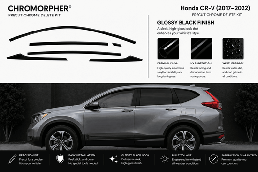 A promotional graphic for the Chromorpher Precut Chrome Delete Kit, showing a silver Honda CR-V with a black chrome delete kit applied to the wheel rims and lower trim. The top of the graphic includes product features and text, and the bottom includes installation and feature callouts.