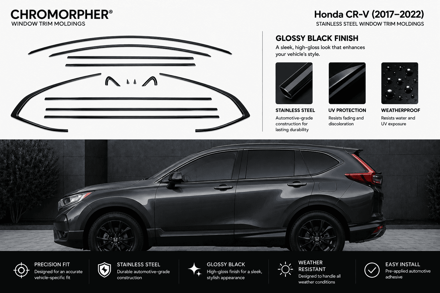 Promotional graphic for Chromorpher Honda CR-V window trim moldings, showing a dark gray Honda CR-V with black tinted window trim and feature callouts including glossy black finish, stainless steel construction, UV protection, and weatherproof design.