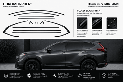 Promotional graphic for Chromorpher Honda CR-V window trim moldings, showing a dark gray Honda CR-V with black tinted window trim and feature callouts including glossy black finish, stainless steel construction, UV protection, and weatherproof design.