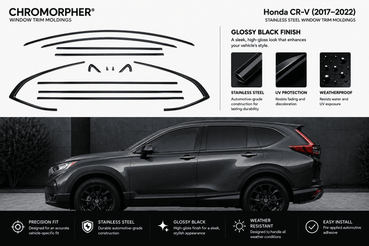 Promotional graphic for Chromorpher Honda CR-V window trim moldings, showing a dark gray Honda CR-V with black tinted window trim and feature callouts including glossy black finish, stainless steel construction, UV protection, and weatherproof design.