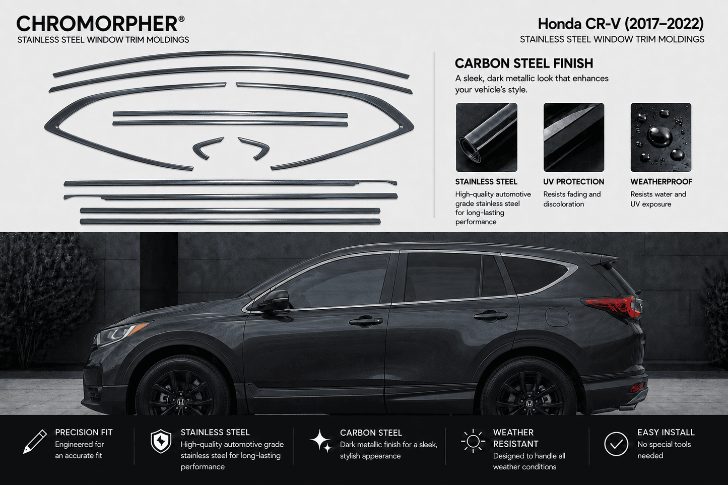 Chromorpher Honda CR-V stainless steel window trim molds set, featuring black metal clip outlines on a white background above a dark gray Honda CR-V SUV on a dark street at night.