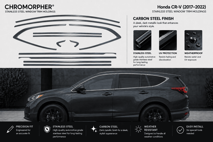 Chromorpher Honda CR-V stainless steel window trim molds set, featuring black metal clip outlines on a white background above a dark gray Honda CR-V SUV on a dark street at night.