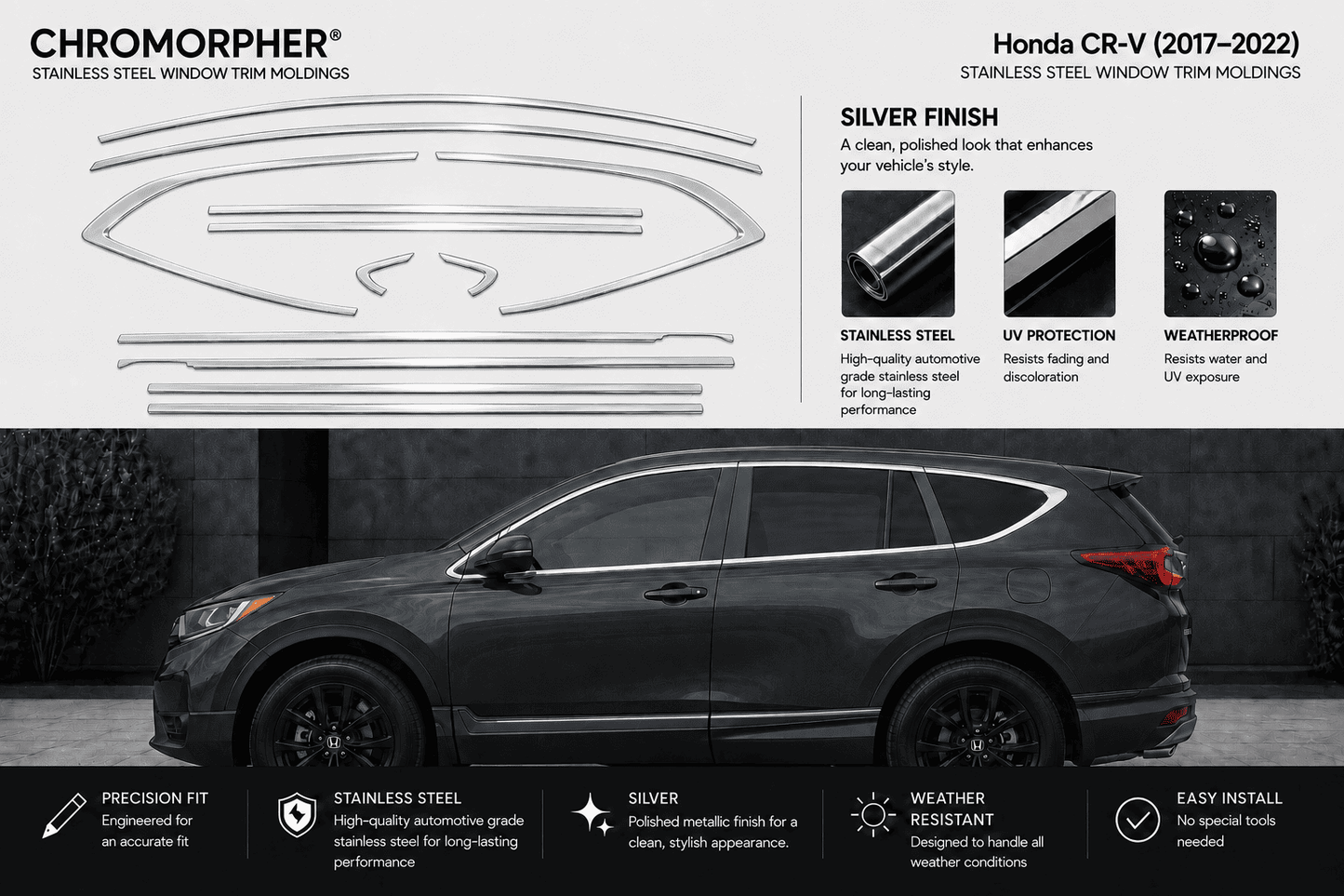 Chromorphor Honda CR-V stainless steel window trim molds kit, featuring silver-finished metal profiles and a black SUV demonstrating the window trim location on a dark background.