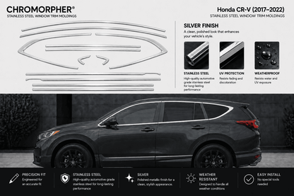 Chromorphor Honda CR-V stainless steel window trim molds kit, featuring silver-finished metal profiles and a black SUV demonstrating the window trim location on a dark background.