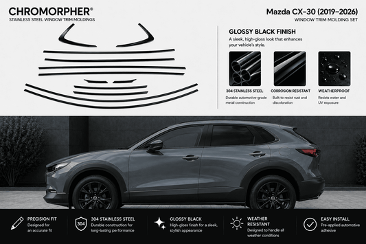 Chromorpher Mazda CX-30 window trim molding set shown with a dark gray SUV on a black background, plus product callouts and feature icons explaining the glossy black finish and stainless steel construction.