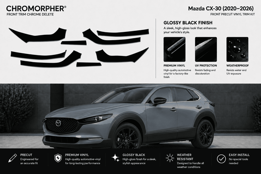 Chromorpher Front Trim Chrome Delete Kit for Mazda CX-30 (2020-2026) in glossy black finish, shown with cutout template graphics and a dark gray vehicle on a black background.