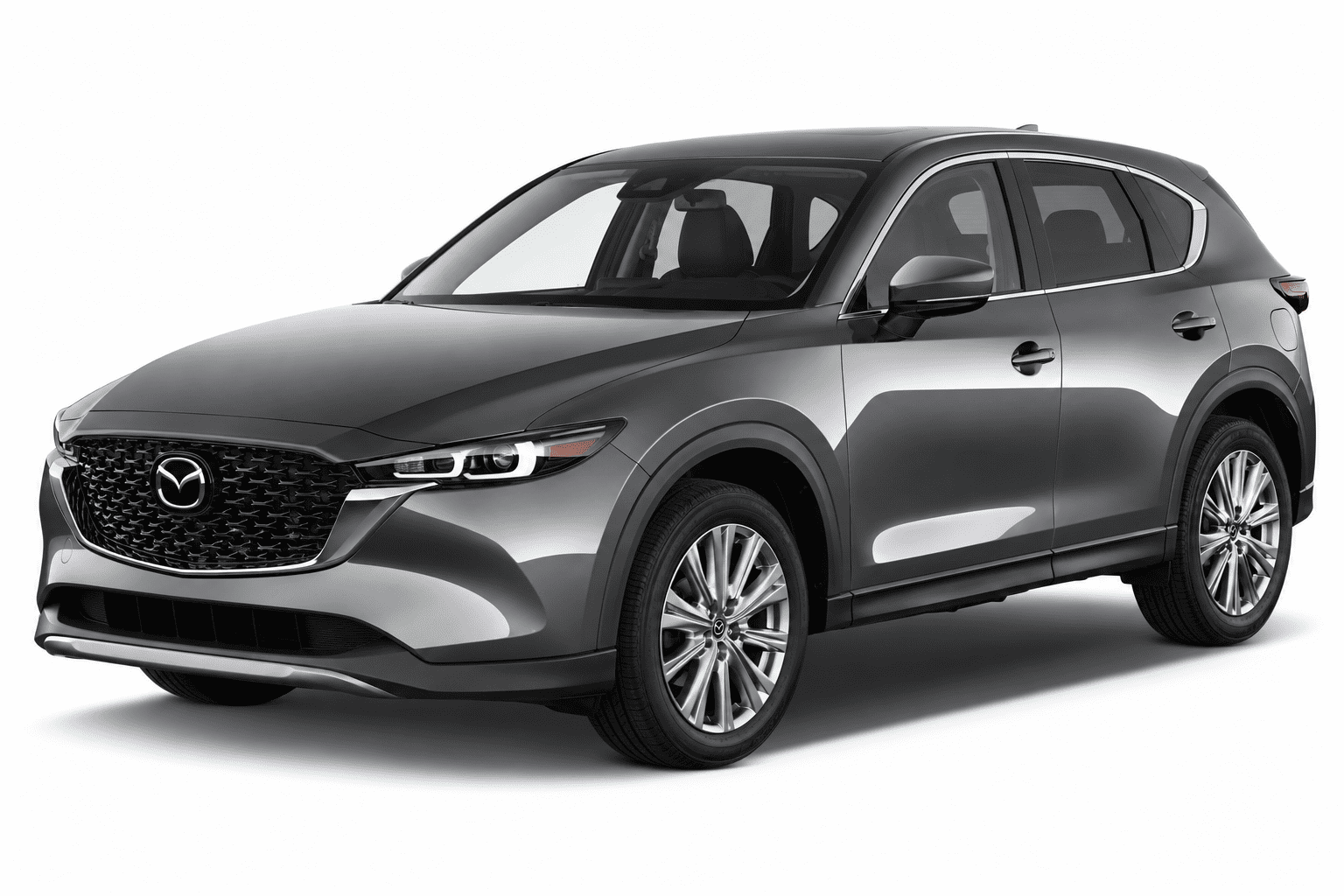 A dark gray Mazda CX-5 SUV shown from a three-quarter front angle on a clean white background.