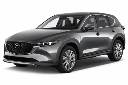 A dark gray Mazda CX-5 SUV shown from a three-quarter front angle on a clean white background.