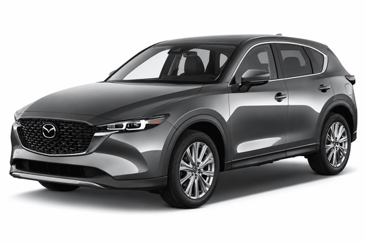 A dark gray Mazda CX-5 SUV shown from a three-quarter front angle on a clean white background.